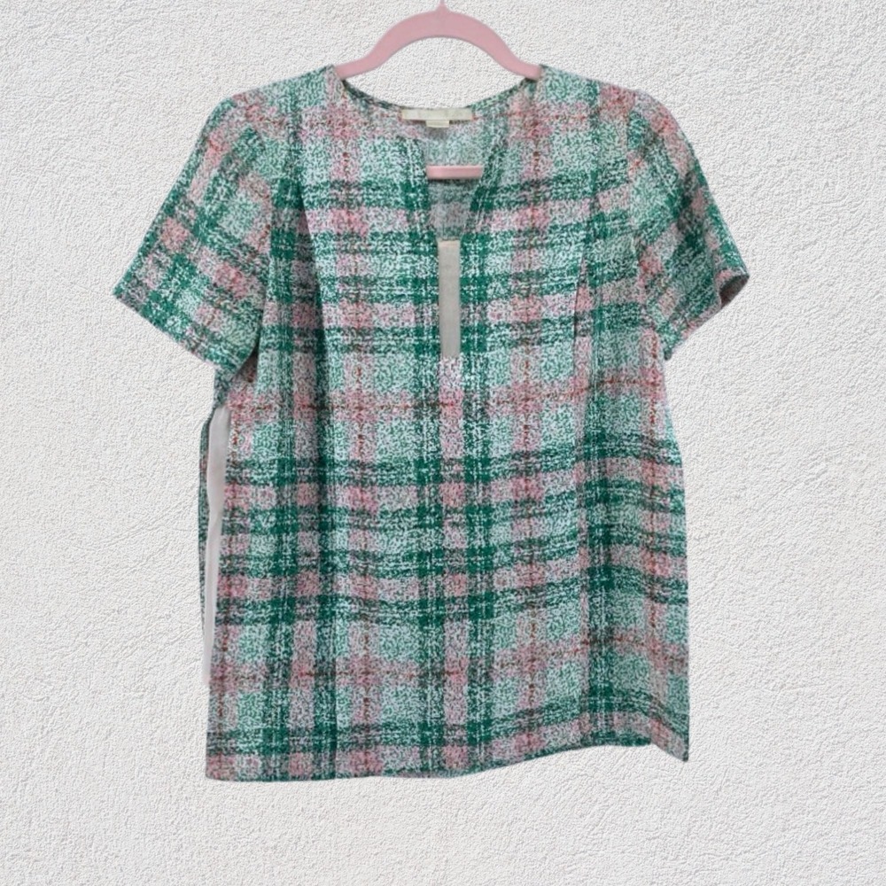 Cooper & Ella Green Pink Plaid Notched V-Neck Short Sleeve Blouse XS Top Office